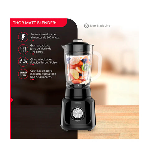 Licuadora Thorben Matt Black Blender 1.75L 600W 5 Vel