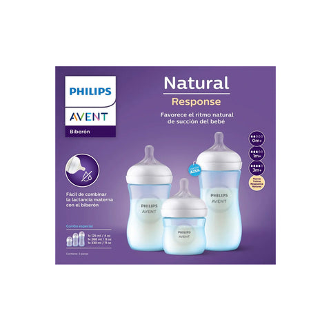 Set 3 Mamaderas Avent Natural SCD838/29 125+260+330ml Azul
