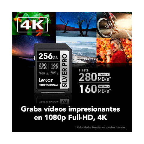 Tarjeta de Memoria Lexar 256GB SDXC UHS-II 280/160MBS V60 4K Silver Pro
