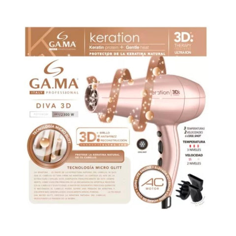 Secador de Pelo Gama Diva 3D Keration Ceramic Ion 2200W Rosa